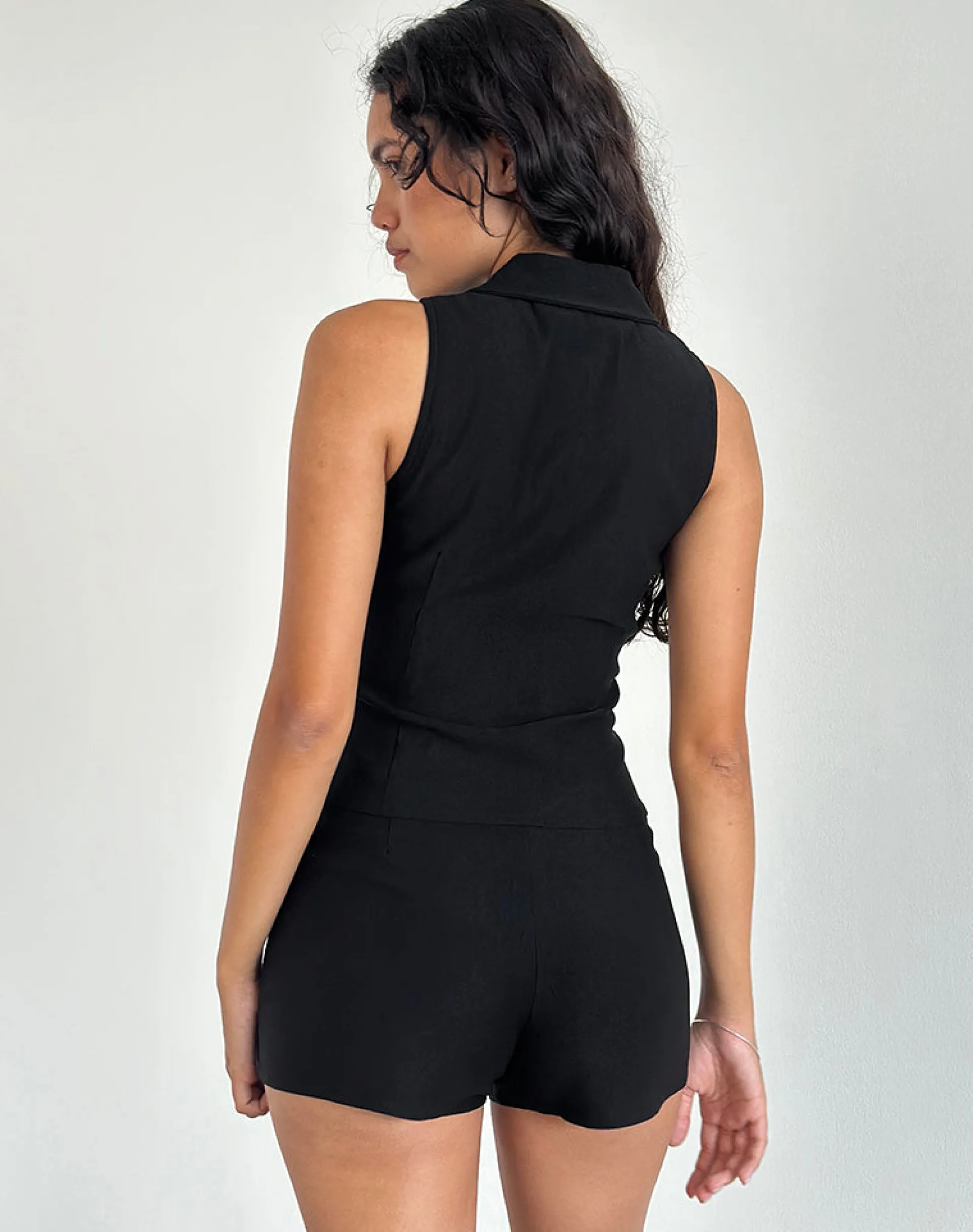 Motel Rocks Tailoring | Co-Ords-Janae Vest Top in Stretch Tailoring Black StretchTailoringBlack