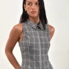 Motel Rocks Tailoring | Vest Tops-Janae Zip Vest Top in Grey Check GreyCheck