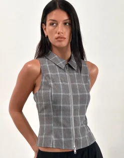 Motel Rocks Tailoring | Vest Tops-Janae Zip Vest Top in Grey Check GreyCheck