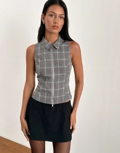 Motel Rocks Tailoring | Vest Tops-Janae Zip Vest Top in Grey Check GreyCheck