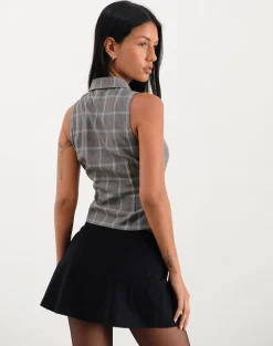 Motel Rocks Tailoring | Vest Tops-Janae Zip Vest Top in Grey Check GreyCheck