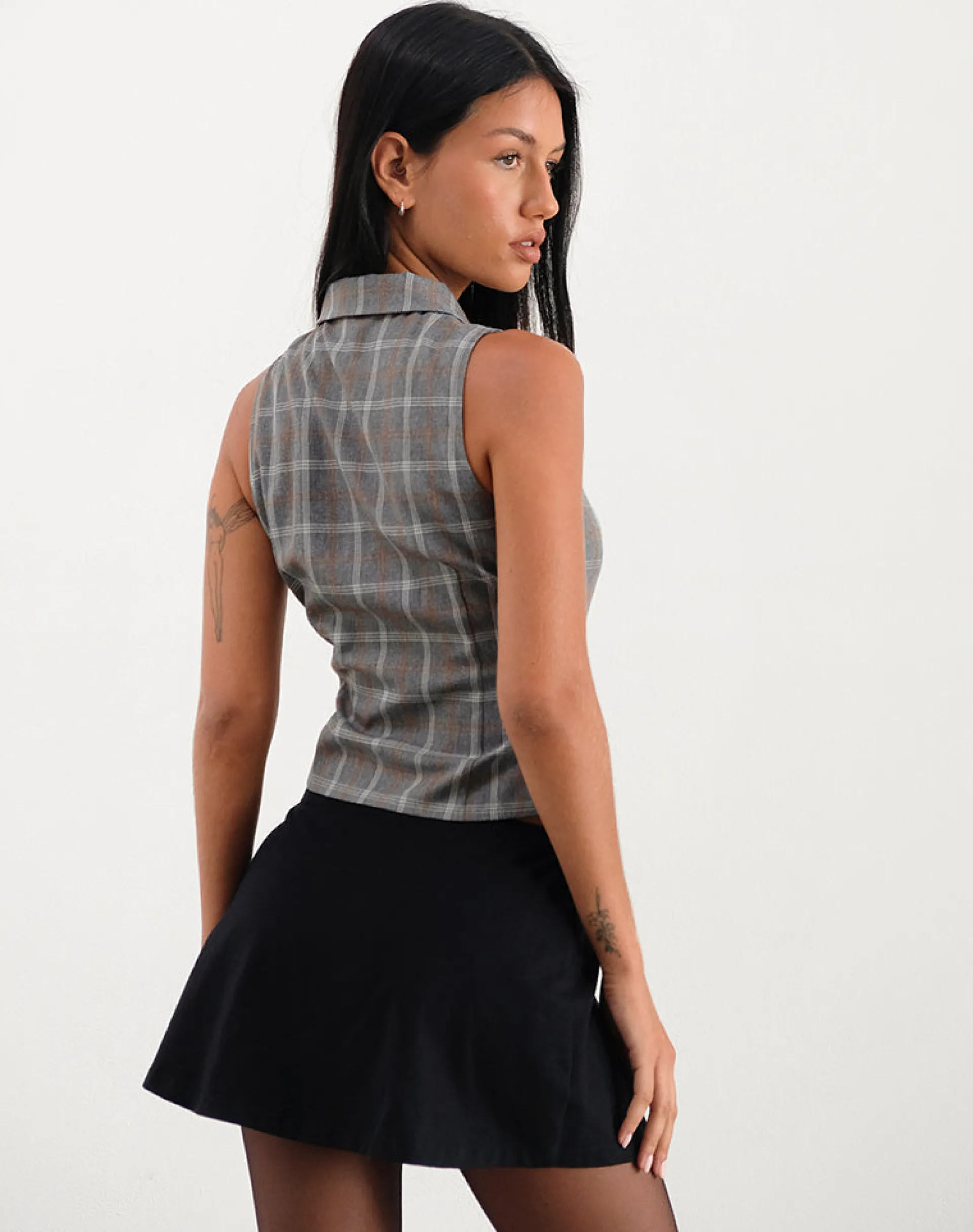 Motel Rocks Tailoring | Vest Tops-Janae Zip Vest Top in Grey Check GreyCheck