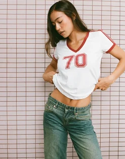 Motel Rocks Basic Tops | Printed Tops-Janan Top in Off White with Adrenaline Red Binding OffWhitewithAdrenalineRedBinding