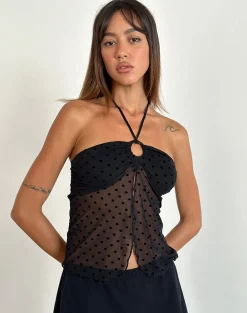 Motel Rocks Printed Tops | Going Out Tops-Janar Halterneck Top in Basic Polka Flock Black basicpolkaflockblack
