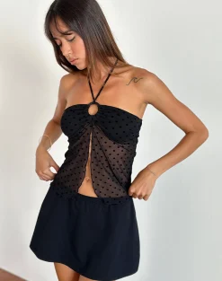 Motel Rocks Printed Tops | Going Out Tops-Janar Halterneck Top in Basic Polka Flock Black basicpolkaflockblack
