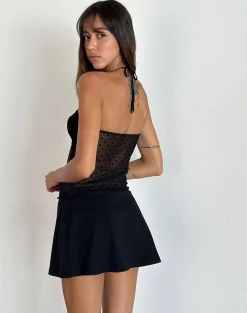 Motel Rocks Printed Tops | Going Out Tops-Janar Halterneck Top in Basic Polka Flock Black basicpolkaflockblack