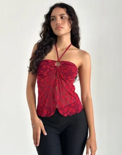 Motel Rocks Halterneck Tops | Printed Tops-Janar Halterneck Top in Grunge Flower Flock Red grungeflowerflockred
