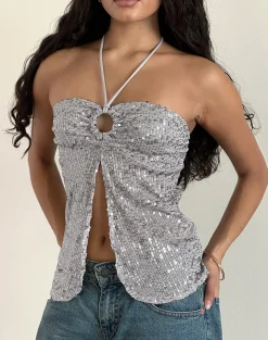 Motel Rocks Halterneck Tops | Sequin Tops-Janar Halterneck Top in Gauzy Sequin Silver GauzySequinSilver
