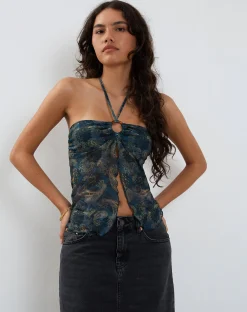 Motel Rocks Halterneck Tops-Janar Halterneck Top in Tonal Paisley Blue TonalPaisleyBlue