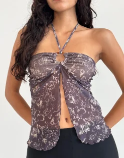 Motel Rocks Halterneck Tops | Printed Tops-Janar Top in Batik Botanical Brown BatikBotanicalBrown