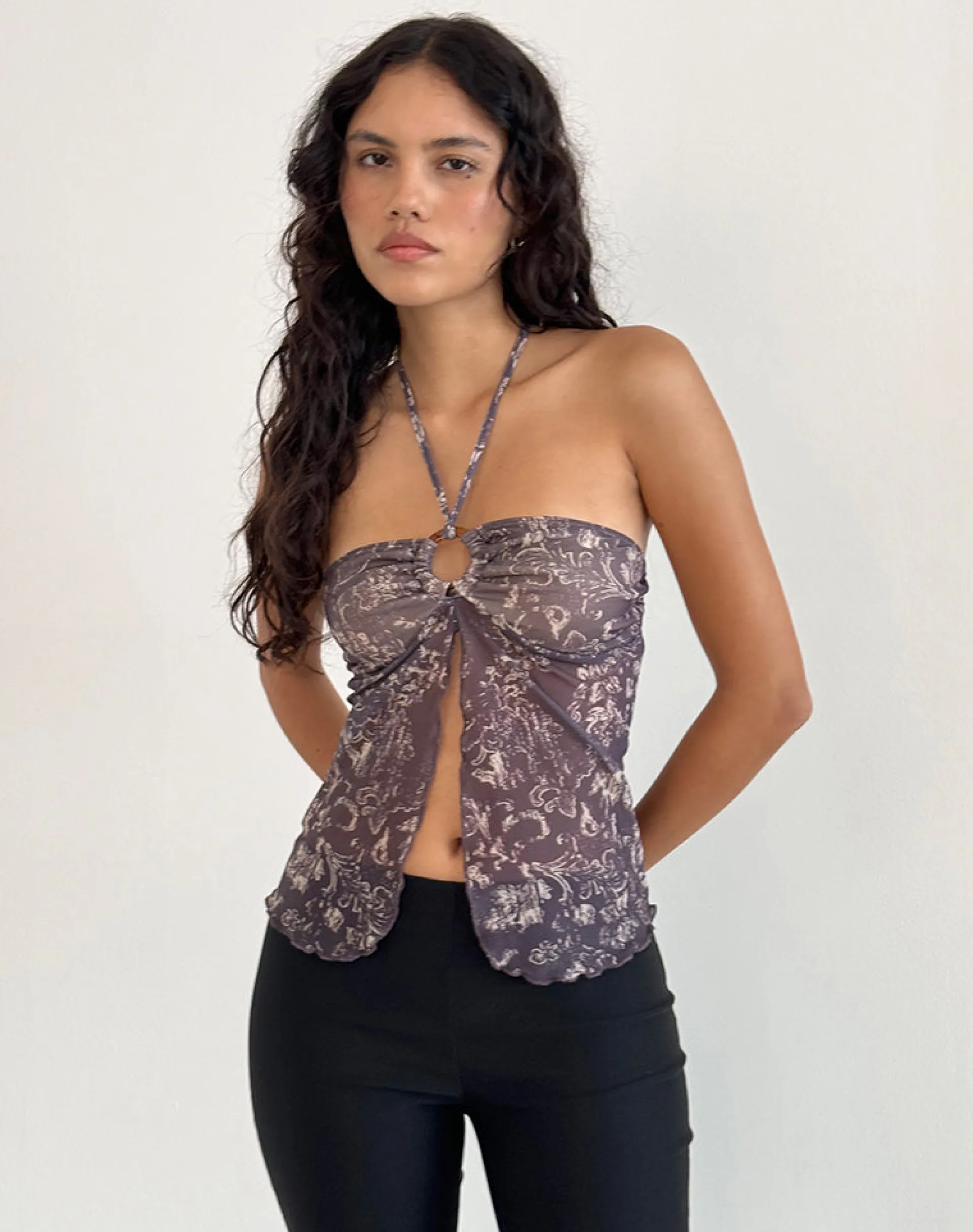 Motel Rocks Halterneck Tops | Printed Tops-Janar Top in Batik Botanical Brown BatikBotanicalBrown
