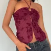 Motel Rocks Halterneck Tops | Strappy Tops-Janar Top in Botanical Flower Maroon BotanicalFlowerMaroon