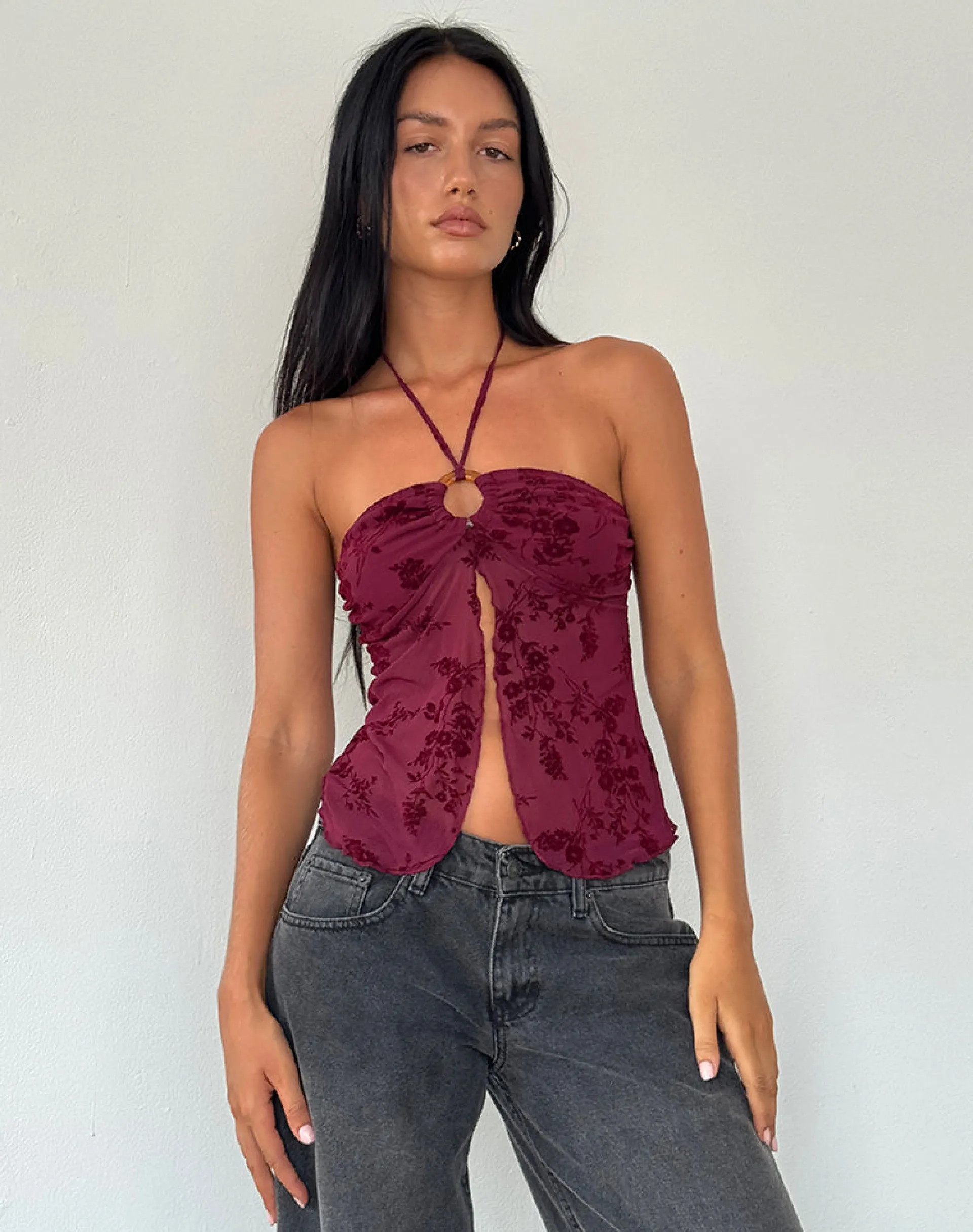Motel Rocks Halterneck Tops | Strappy Tops-Janar Top in Botanical Flower Maroon BotanicalFlowerMaroon