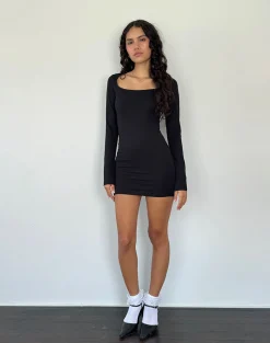 Motel Rocks Basics | Day Dresses-Janjisu Long Sleeve Lycra Bodycon Mini Dress in Black