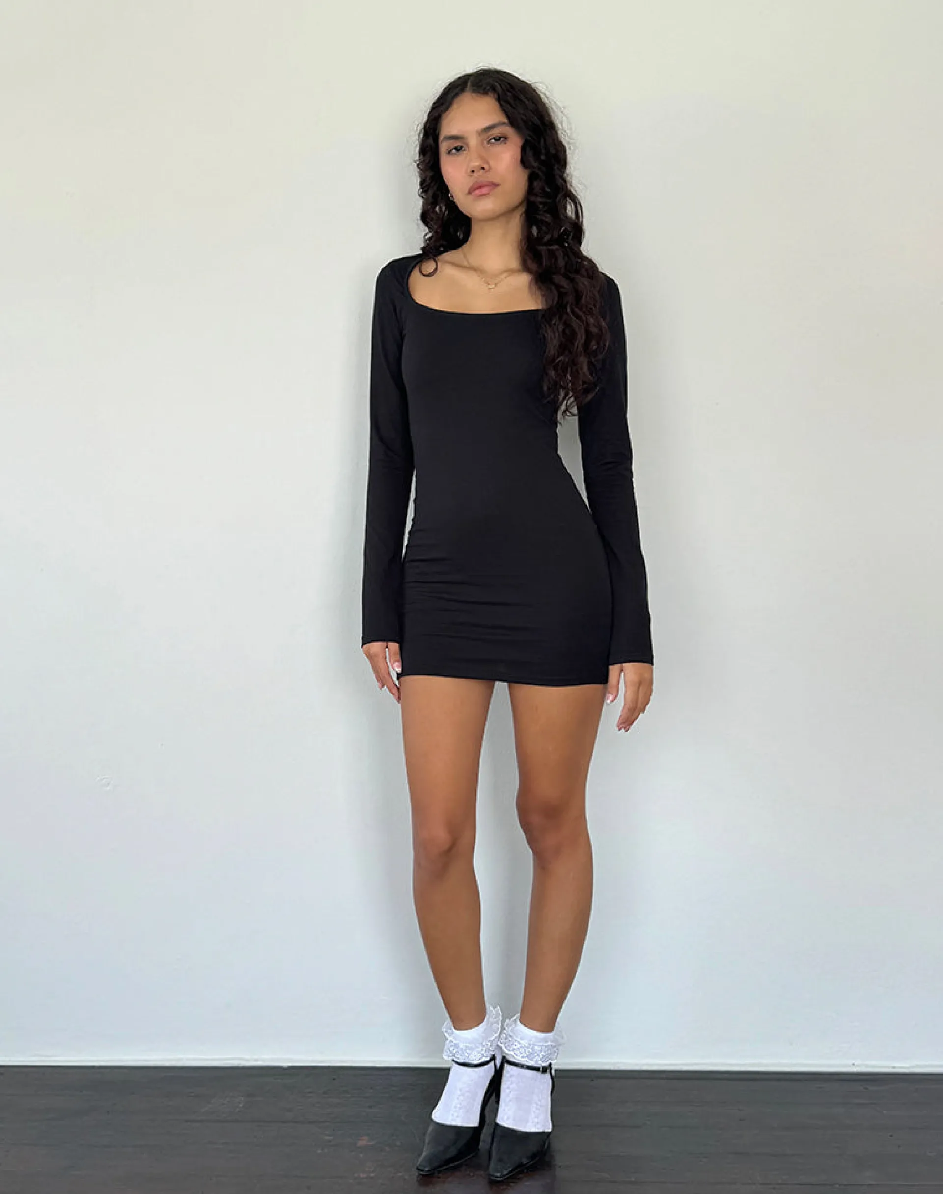 Motel Rocks Basics | Day Dresses-Janjisu Long Sleeve Lycra Bodycon Mini Dress in Black