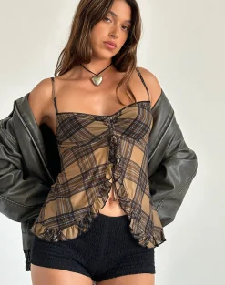 Motel Rocks Printed Tops | Strappy Tops-Jaraga Butterfly Top in Brown Check BrownCheck
