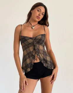 Motel Rocks Printed Tops | Strappy Tops-Jaraga Butterfly Top in Brown Check BrownCheck