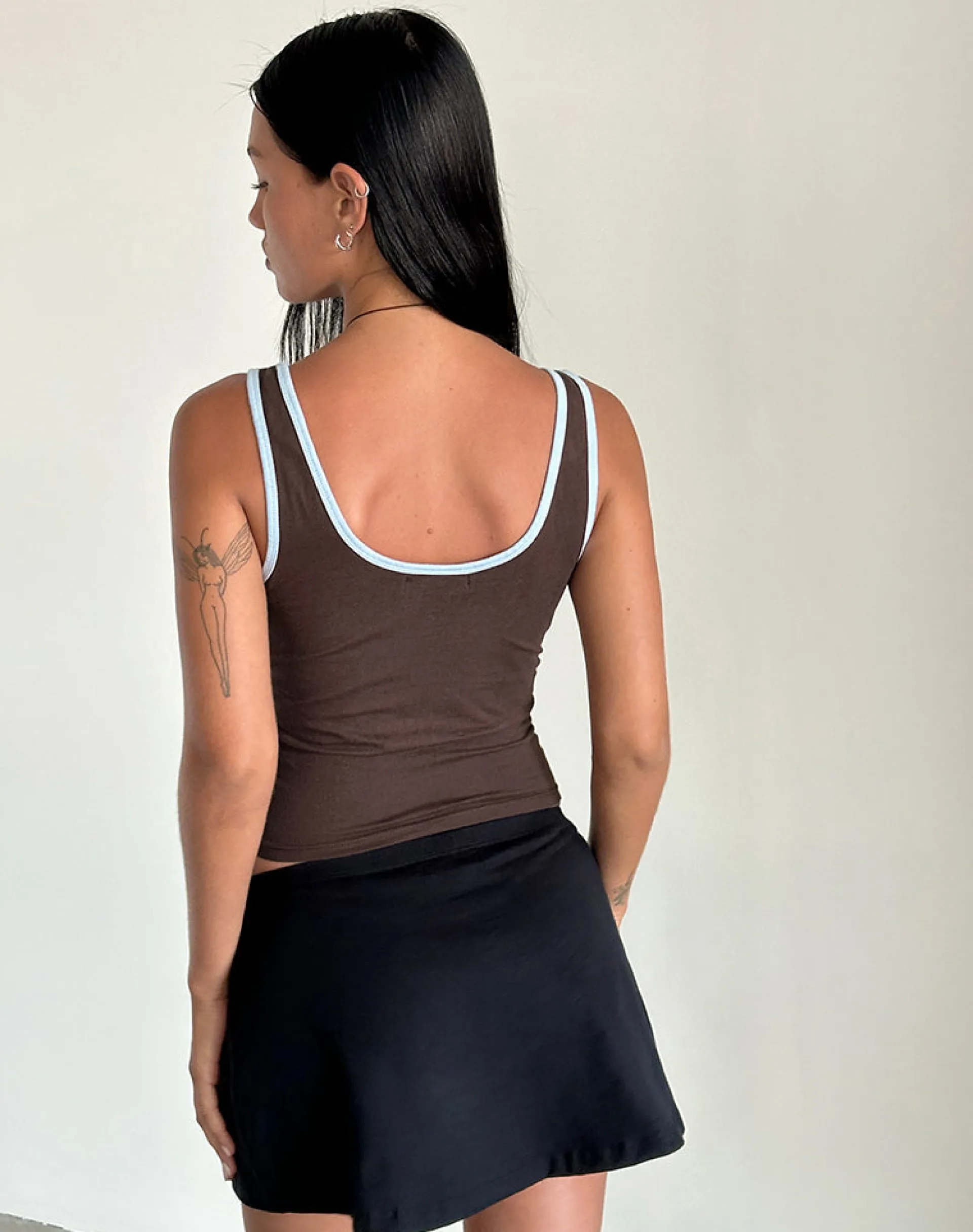 Motel Rocks Basic Tops | Vest Tops-Jastiya Top in Brown with Nantucket Blue Binding BrownwithNantucketBlueBinding
