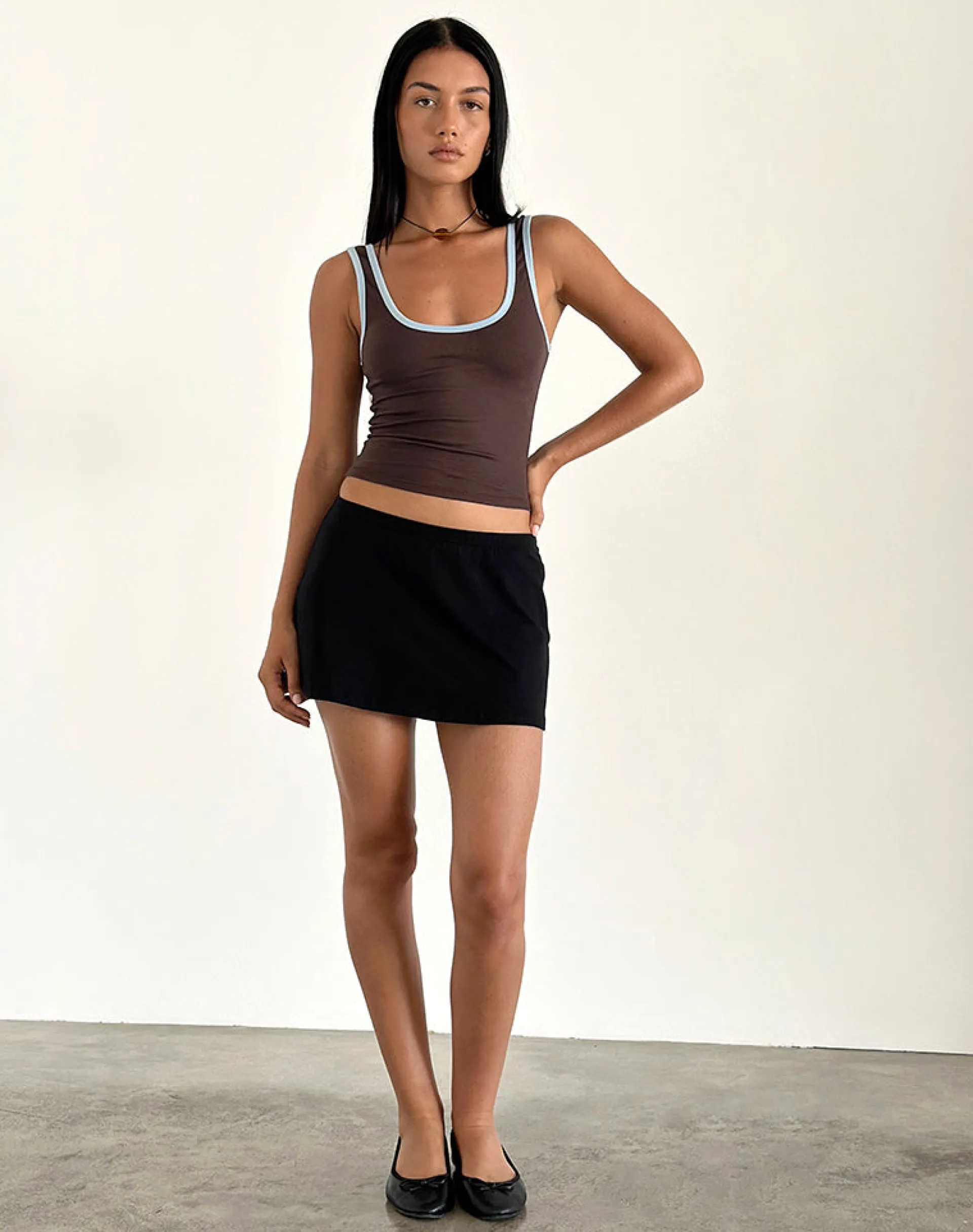 Motel Rocks Basic Tops | Vest Tops-Jastiya Top in Brown with Nantucket Blue Binding BrownwithNantucketBlueBinding