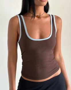 Motel Rocks Basic Tops | Vest Tops-Jastiya Top in Brown with Nantucket Blue Binding BrownwithNantucketBlueBinding