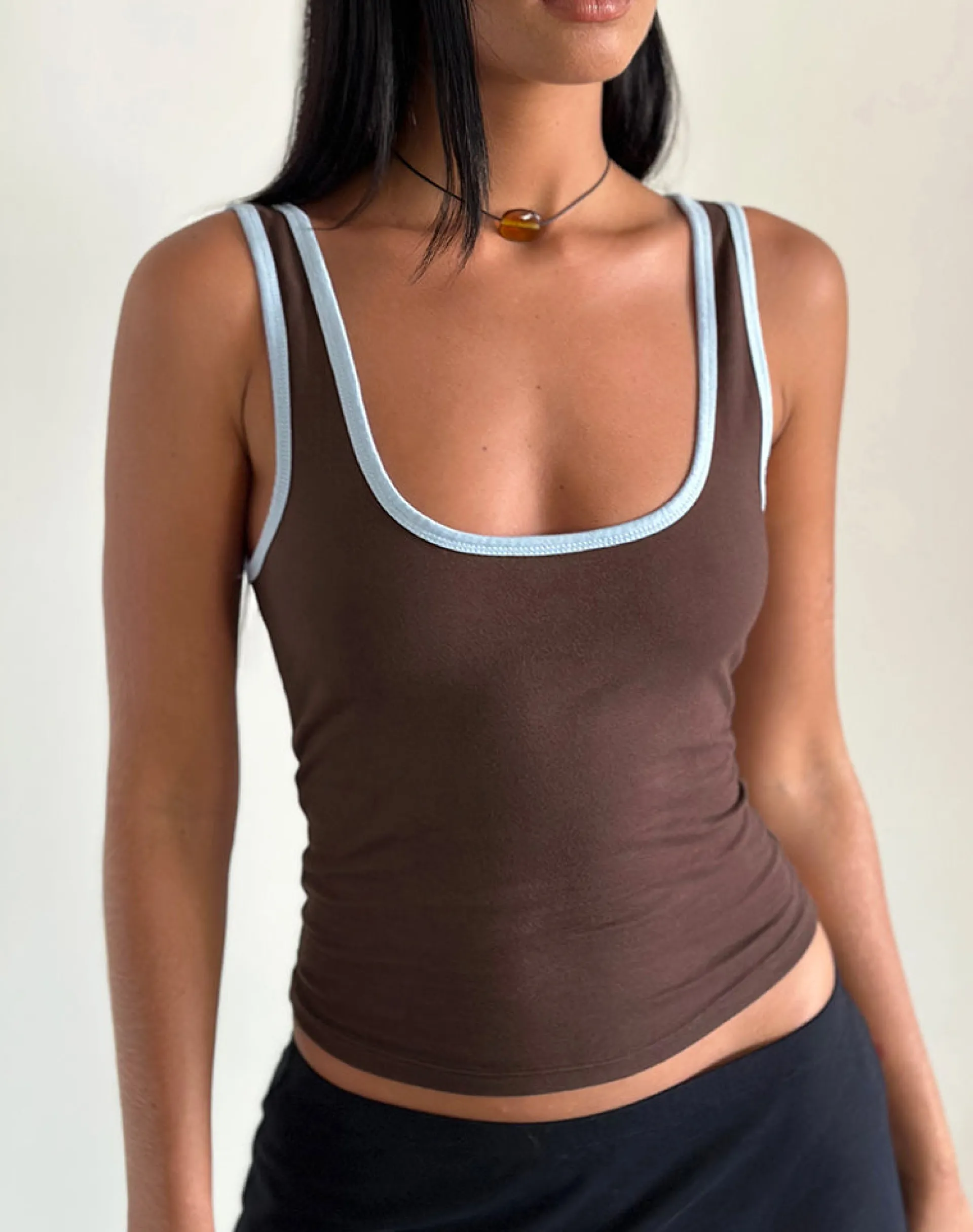 Motel Rocks Basic Tops | Vest Tops-Jastiya Top in Brown with Nantucket Blue Binding BrownwithNantucketBlueBinding