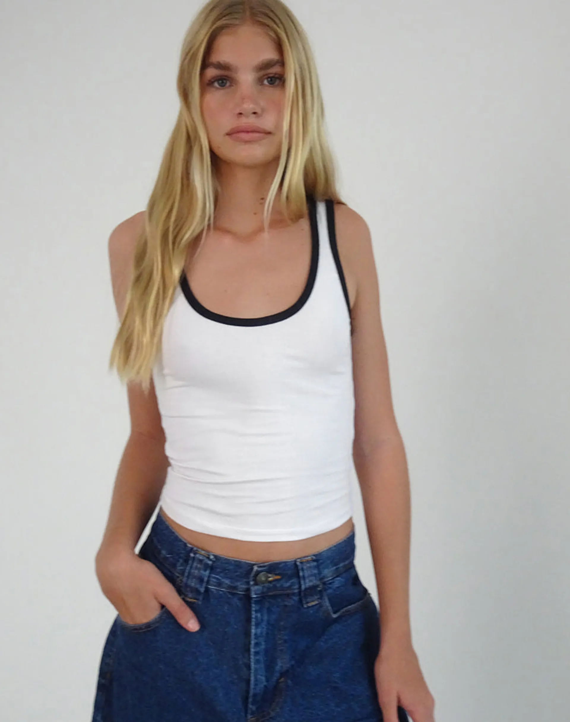 Motel Rocks Basic Tops | Vest Tops-Jastiya Vest Top in White with Black Binding WhitewithBlackBinding