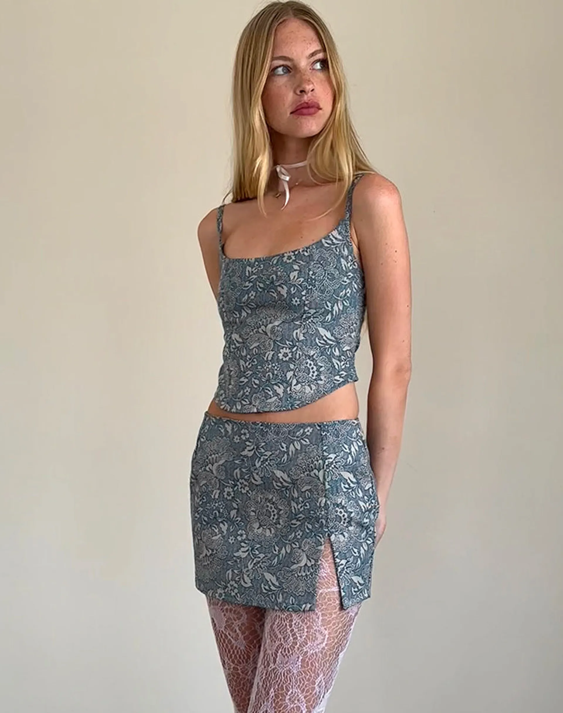 Motel Rocks Co-Ords | Printed Tops-Jatemi Corset Top in Blue Ornate Print