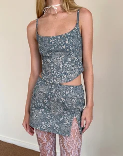 Motel Rocks Co-Ords | Printed Tops-Jatemi Corset Top in Blue Ornate Print