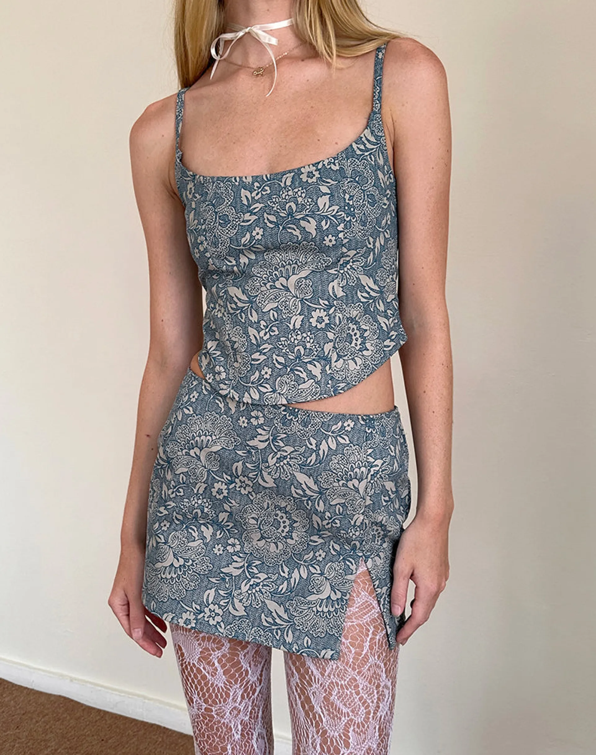 Motel Rocks Co-Ords | Printed Tops-Jatemi Corset Top in Blue Ornate Print