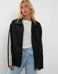 Motel Rocks Pu Jackets-Javana Zip Up Jacket in PU Black with Beige Stripe