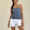 Motel Rocks Strappy Tops | Going Out Tops-Jeju Top in Navy Tartan Poplin