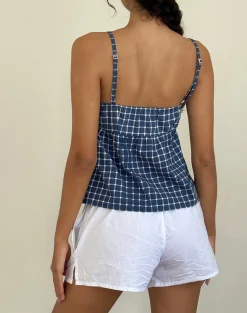 Motel Rocks Strappy Tops | Going Out Tops-Jeju Top in Navy Tartan Poplin
