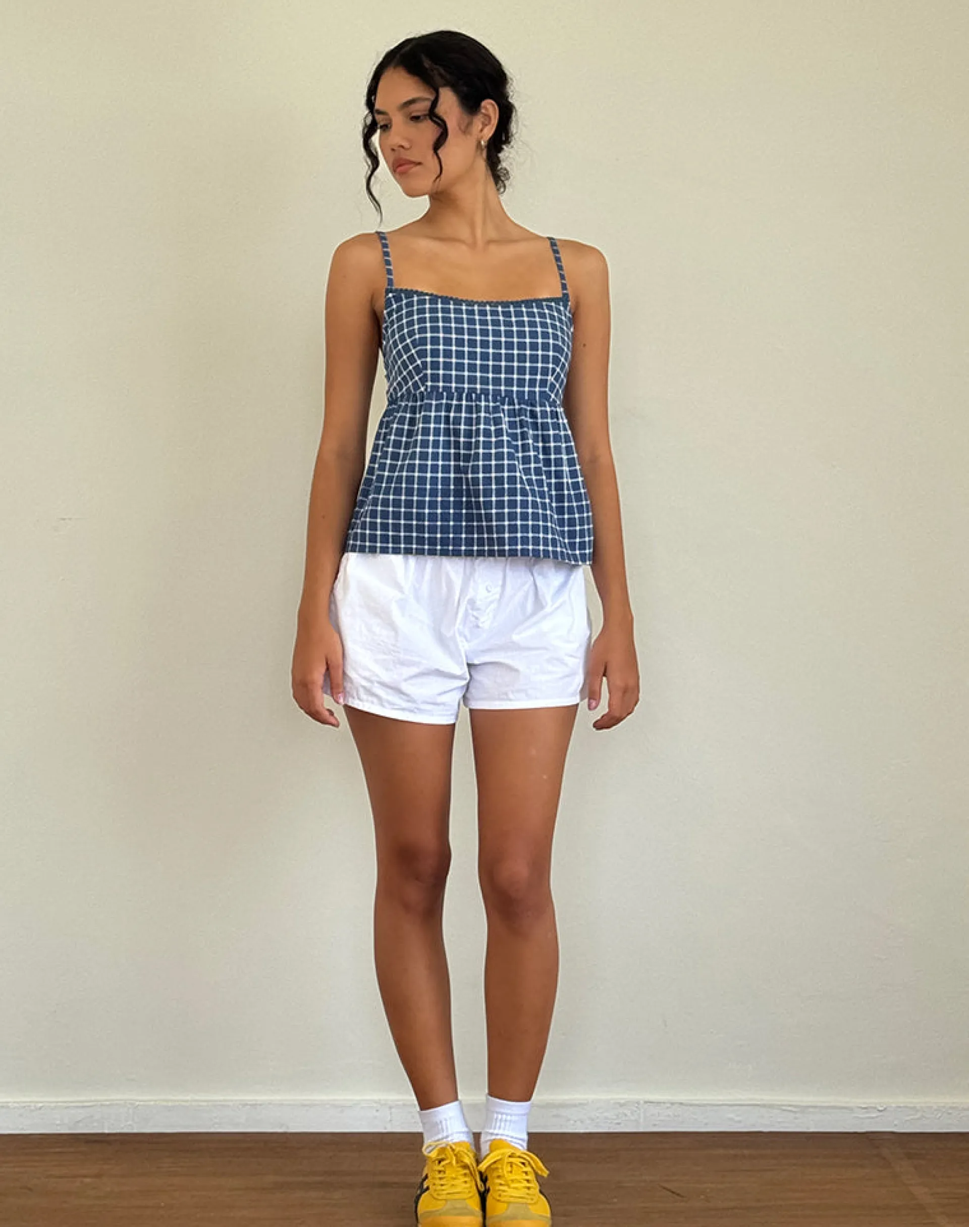 Motel Rocks Strappy Tops | Going Out Tops-Jeju Top in Navy Tartan Poplin