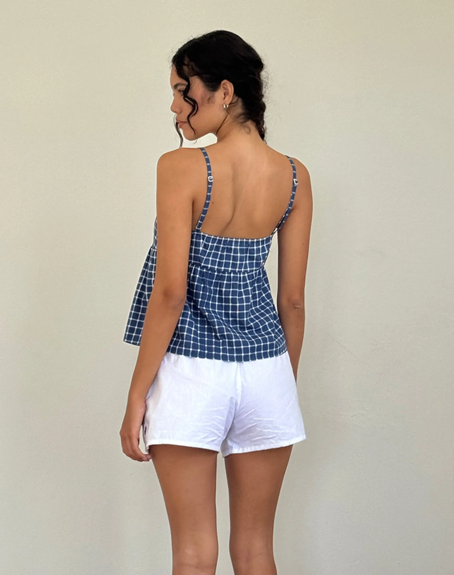 Motel Rocks Strappy Tops | Going Out Tops-Jeju Top in Navy Tartan Poplin