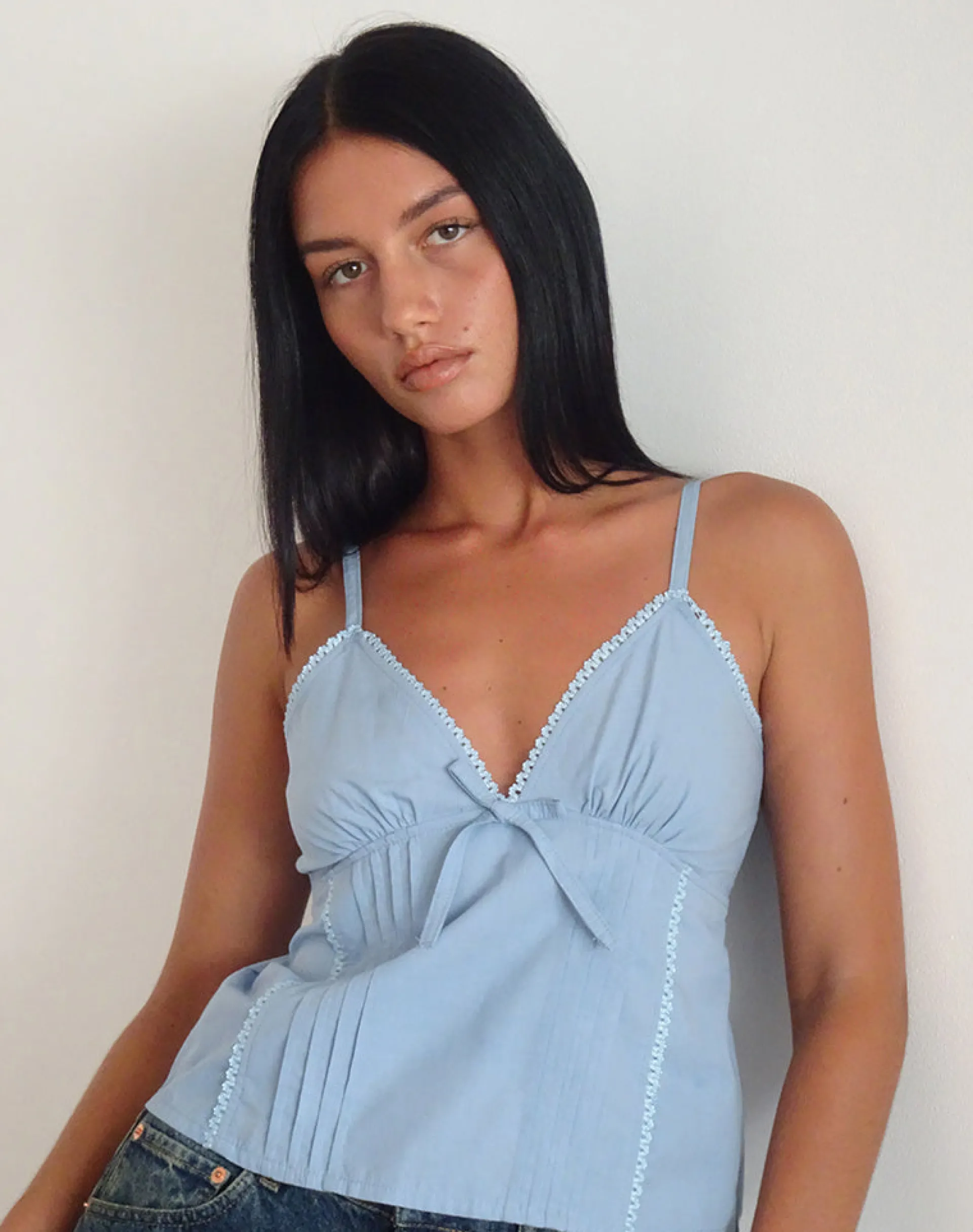 Motel Rocks Basic Tops | Strappy Tops-Jepuni Cami Top in Nantucket Blue Poplin NantucketBluePoplin