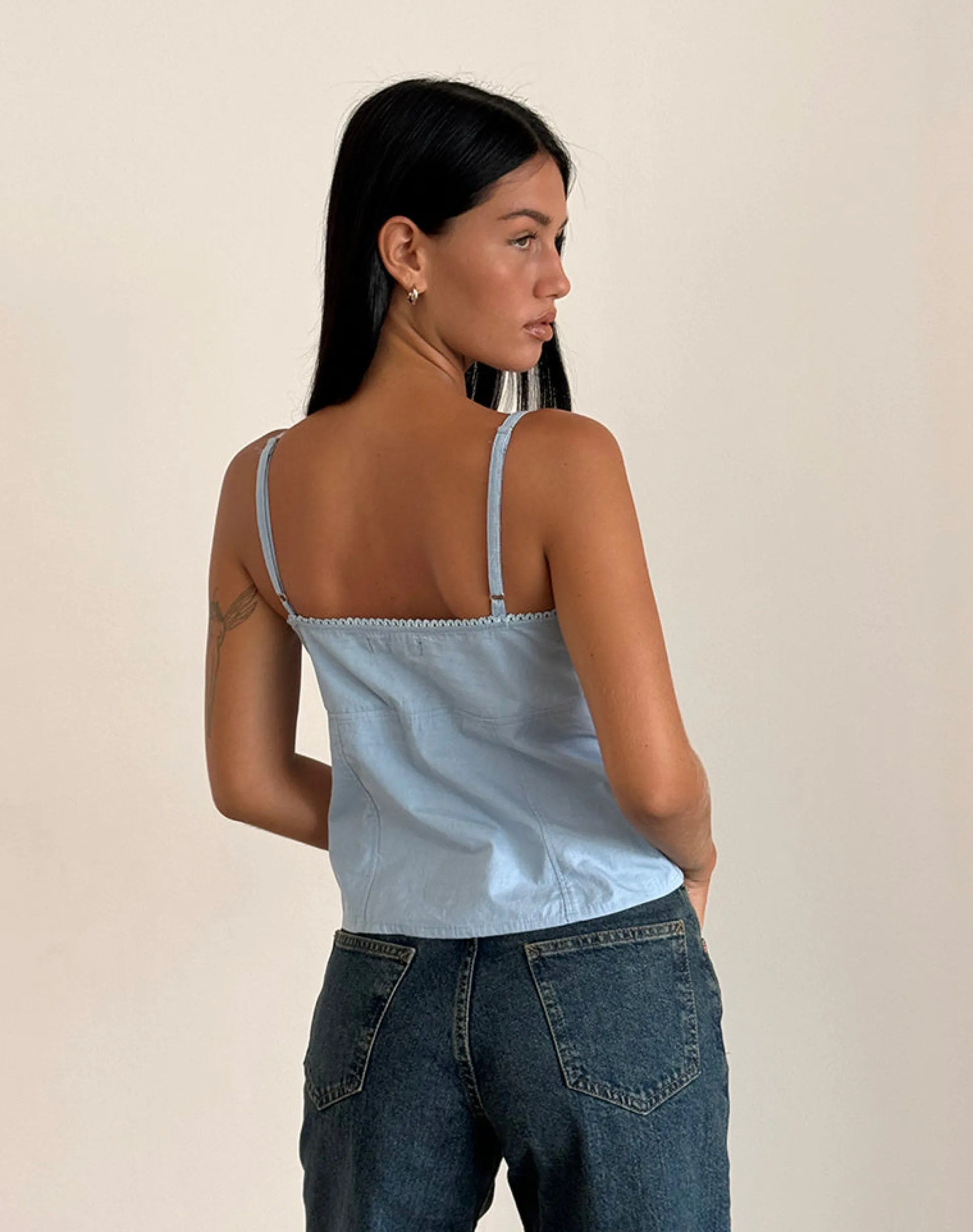 Motel Rocks Basic Tops | Strappy Tops-Jepuni Cami Top in Nantucket Blue Poplin NantucketBluePoplin