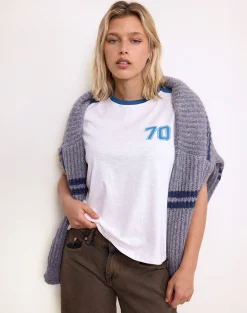 Motel Rocks Tees-Jihan Top in Off White with Mediterranean Blue Binding