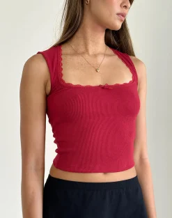 Motel Rocks Basic Tops | Vest Tops-Jinila Top In Adrenaline Red With Lace Trim And Bow AdrenalineRedWithLaceTrimAndBow