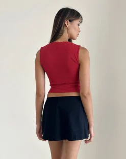 Motel Rocks Basic Tops | Vest Tops-Jinila Top In Adrenaline Red With Lace Trim And Bow AdrenalineRedWithLaceTrimAndBow