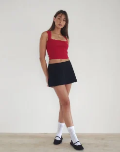 Motel Rocks Basic Tops | Vest Tops-Jinila Top In Adrenaline Red With Lace Trim And Bow AdrenalineRedWithLaceTrimAndBow