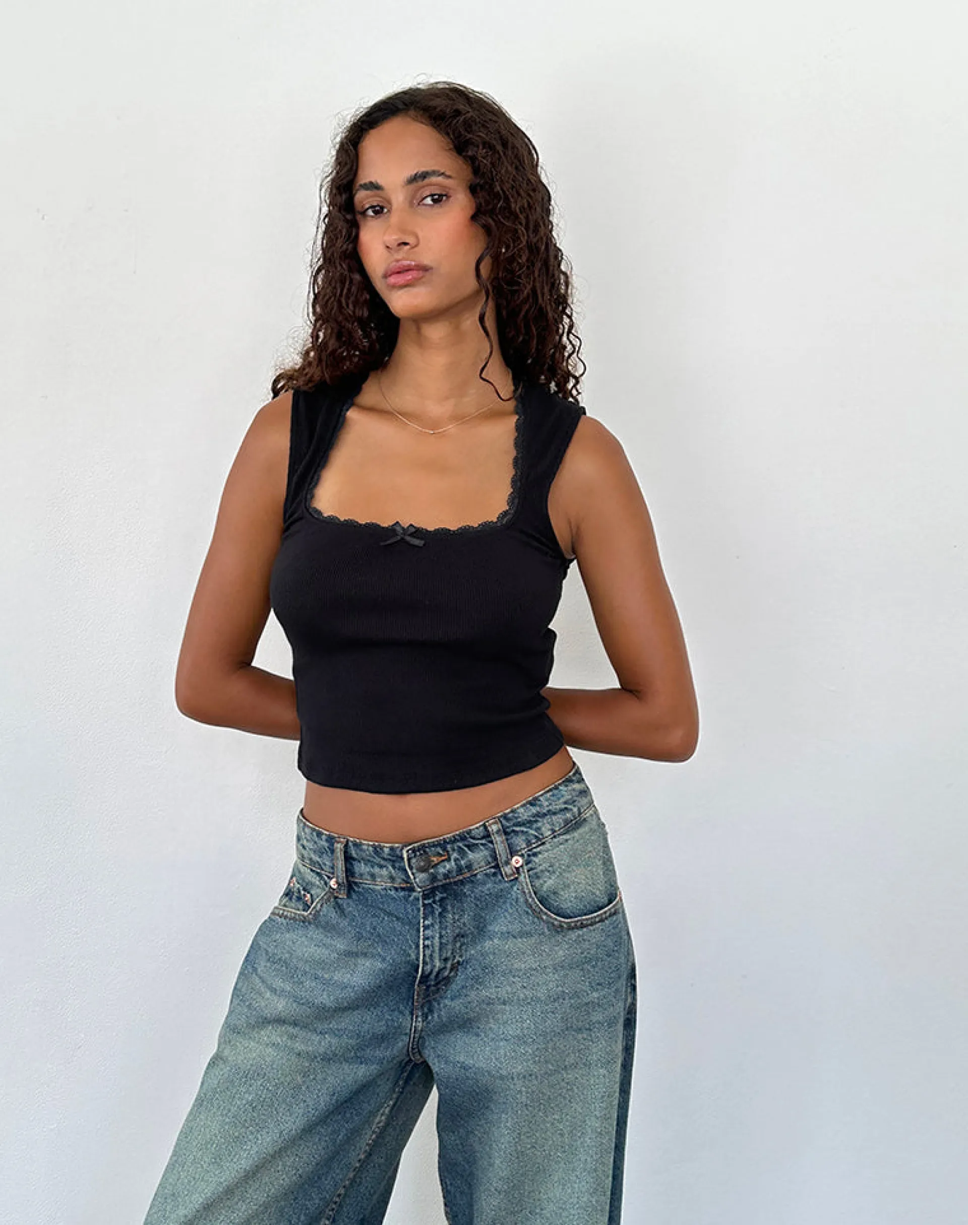 Motel Rocks Basics | Basic Tops-Jinila Top in Black with Lace Trim and Bow BlackwithLaceTrimandBow