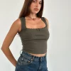 Motel Rocks Basic Tops | Vest Tops-Jinila Top in Olive with Lace Trim and Bow OlivewithLaceTrimandBow