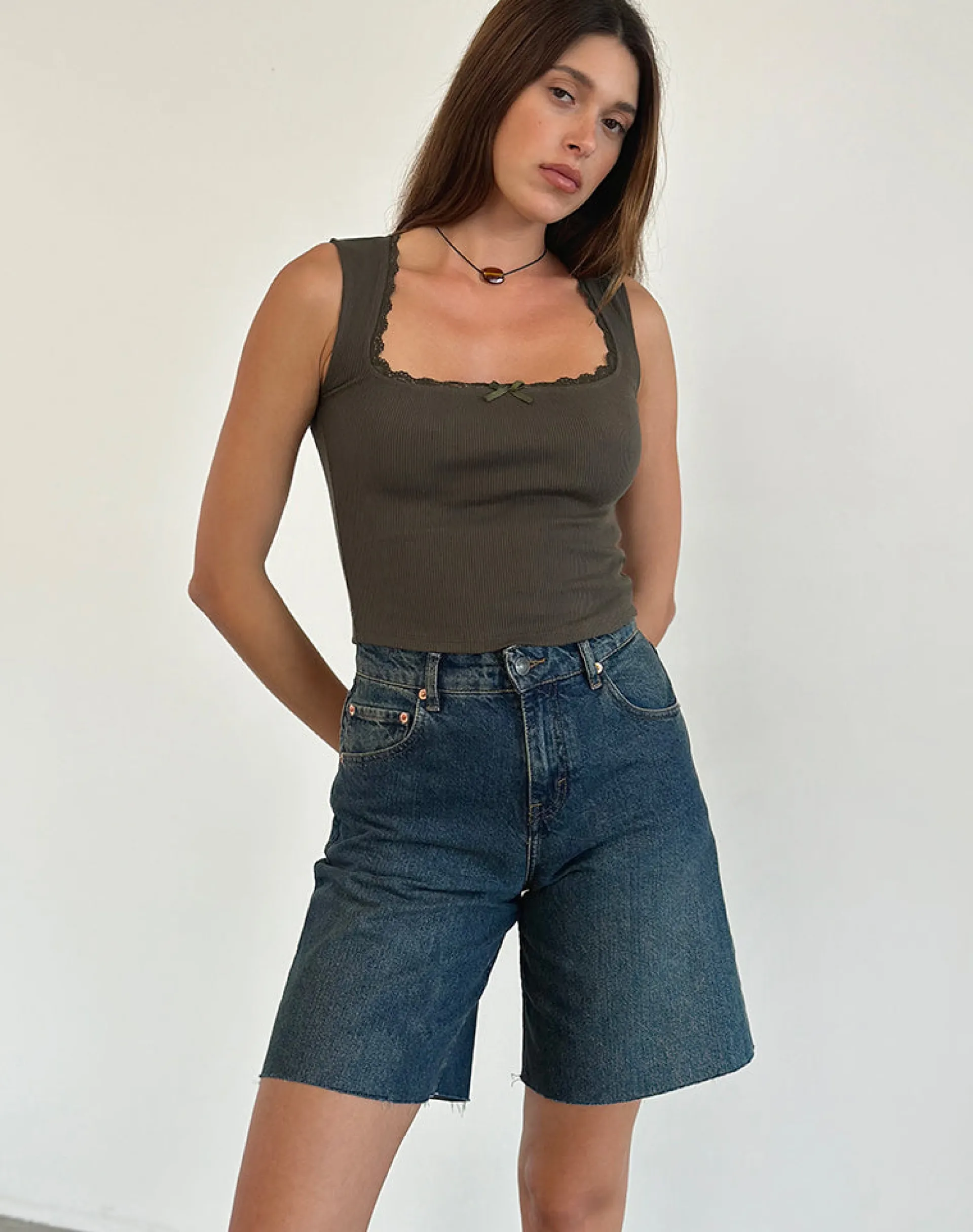 Motel Rocks Basic Tops | Vest Tops-Jinila Top in Olive with Lace Trim and Bow OlivewithLaceTrimandBow