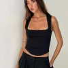 Motel Rocks Corset Tops | Going Out Tops-Jinisa Corset Top in Black Sateen BlackSateen