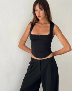 Motel Rocks Corset Tops | Going Out Tops-Jinisa Corset Top in Black Sateen BlackSateen