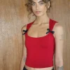 Motel Rocks Basic Tops | Vest Tops-Jiniso Crop Top in Adrenaline Red with Black Bows AdrenalineRedwithBlackBows