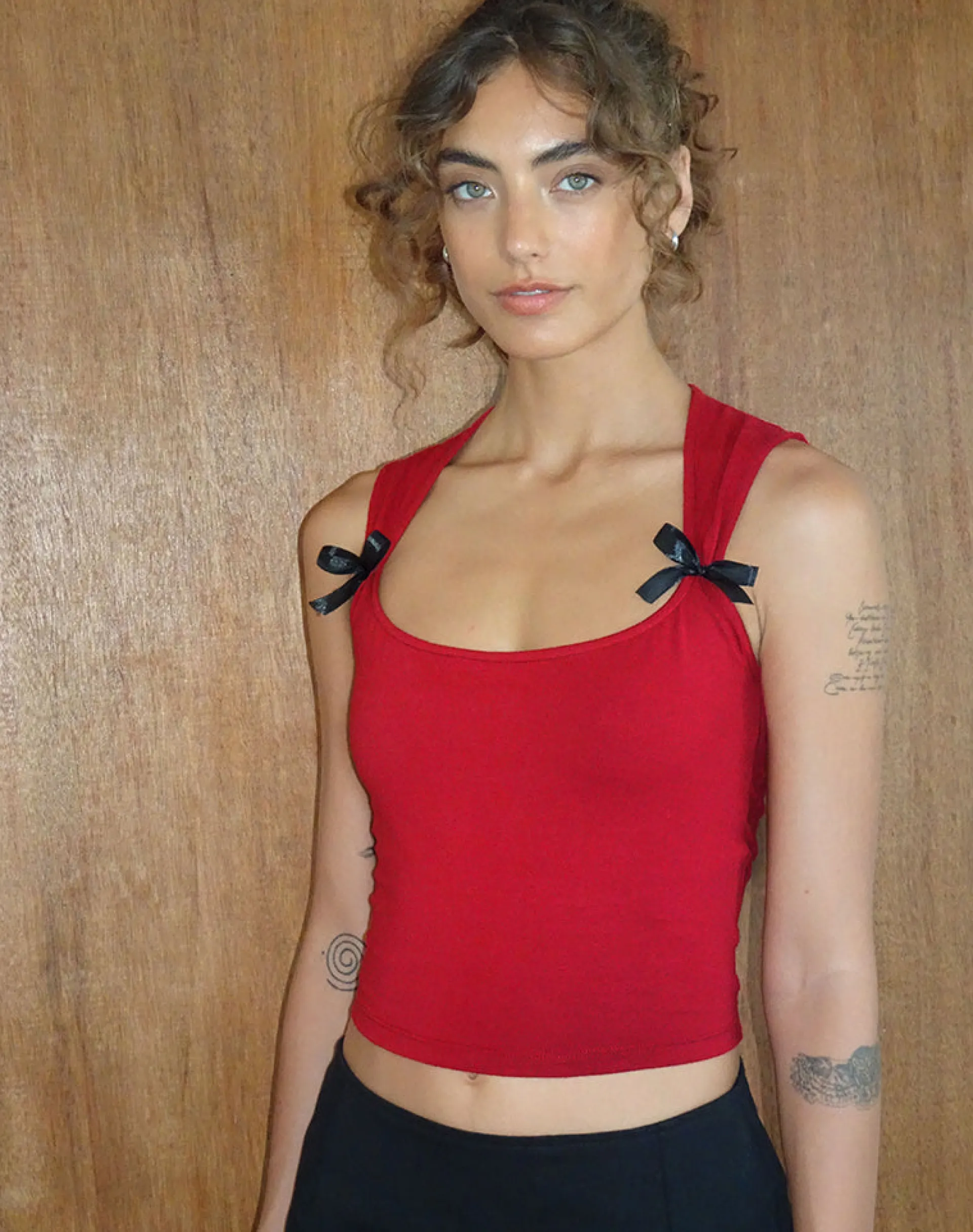 Motel Rocks Basic Tops | Vest Tops-Jiniso Crop Top in Adrenaline Red with Black Bows AdrenalineRedwithBlackBows