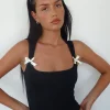 Motel Rocks Basic Tops | Vest Tops-Jiniso Crop Top in Black with Ivory Bows BlackwithIvoryBows