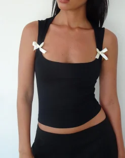 Motel Rocks Basic Tops | Vest Tops-Jiniso Crop Top in Black with Ivory Bows BlackwithIvoryBows