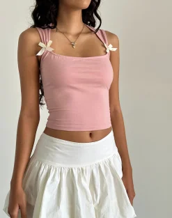 Motel Rocks Basics | Basic Tops-Jiniso Crop Top in Pink Lady with Ivory Bows PinkLadywithIvoryBows